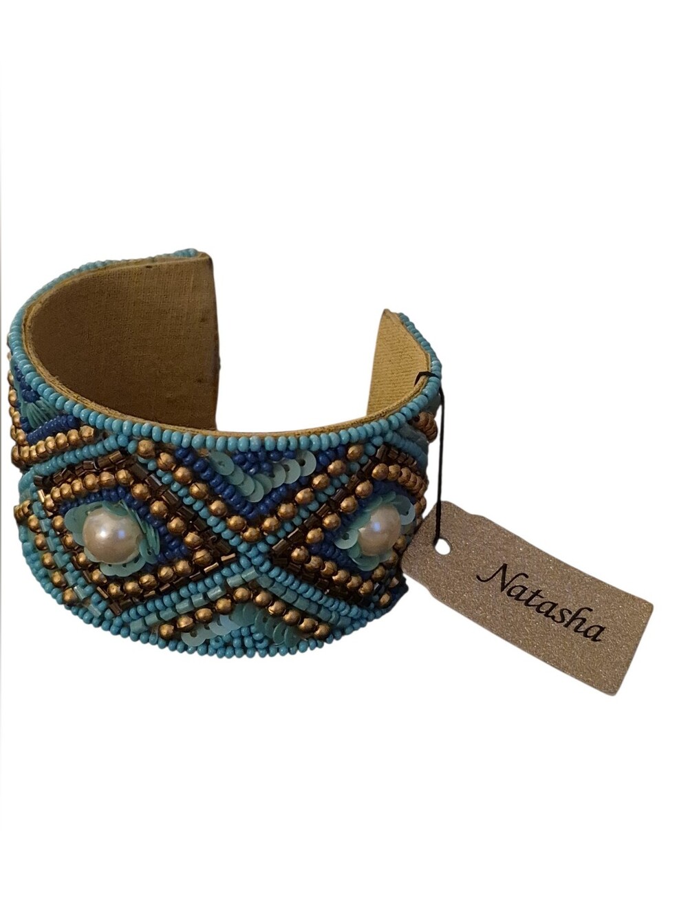 Natasha Couture Turquoise, Gold & Pearl Beaded Cuff Bracelet NWT and Box